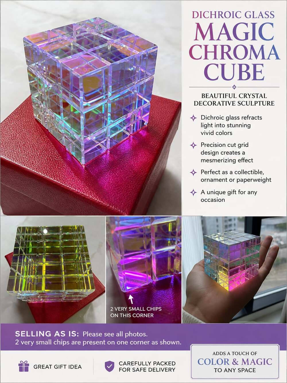 Dichroic Glass Magic Chroma Cube Decorative Crystal Sculpture